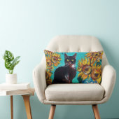 COUSSIN RECTANGLE TOURNESOLS AVEC CHAT NOIR EN TURQUOISE BLEU (Chaise)