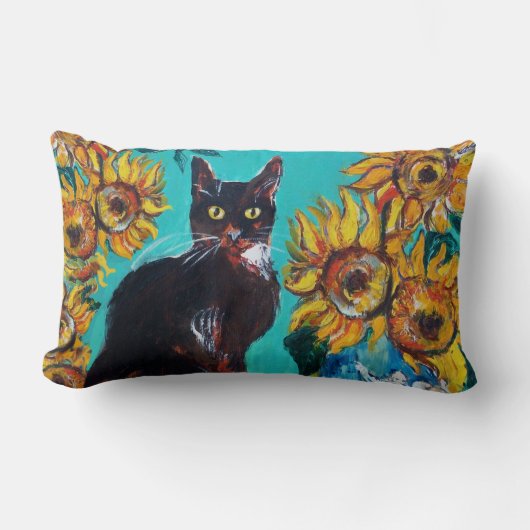 COUSSIN RECTANGLE TOURNESOLS AVEC CHAT NOIR EN TURQUOISE BLEU (Recto)