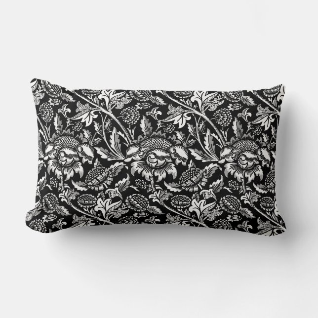 Coussin Rectangle Tournesols de William Morris, noirs et blancs (Recto)