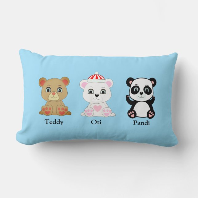 Coussin Rectangle Trois dessins animés d'ours mignons sur bleu Colum (Recto)