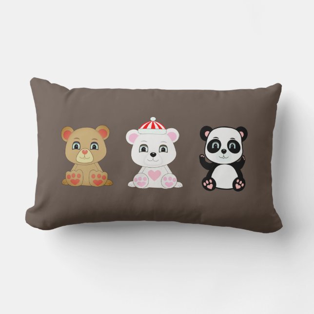 Coussin Rectangle Trois dessins animés d'ours mignons sur marron caf (Recto)