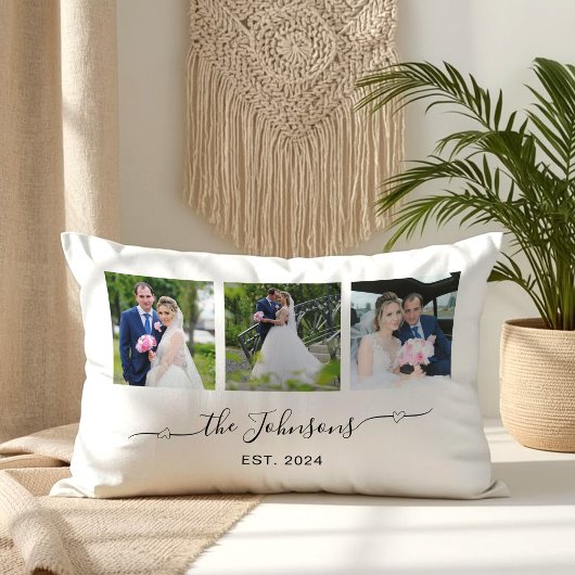Coussin Rectangle Trois photos de mariage avec signature à queue en