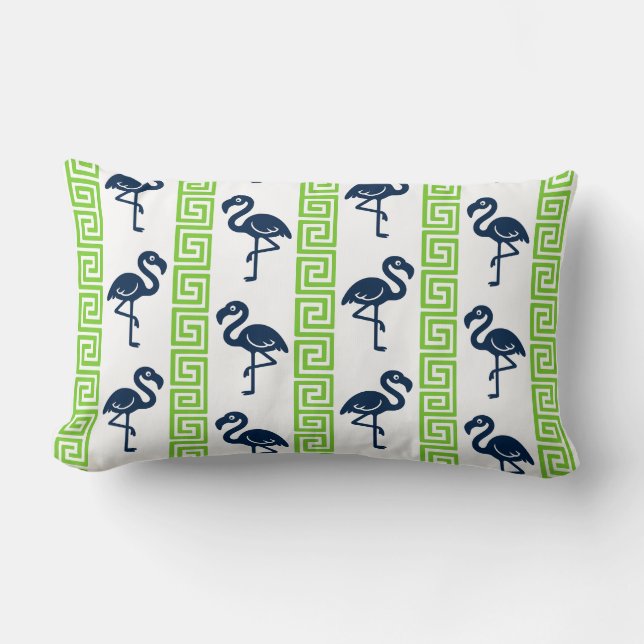 Coussin Rectangle Tropical Flamingo - Greek Key Navy & Lime (Recto)