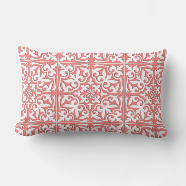 Coussin Rectangle Tuiles marocaines - corail rose et blanc (Recto)