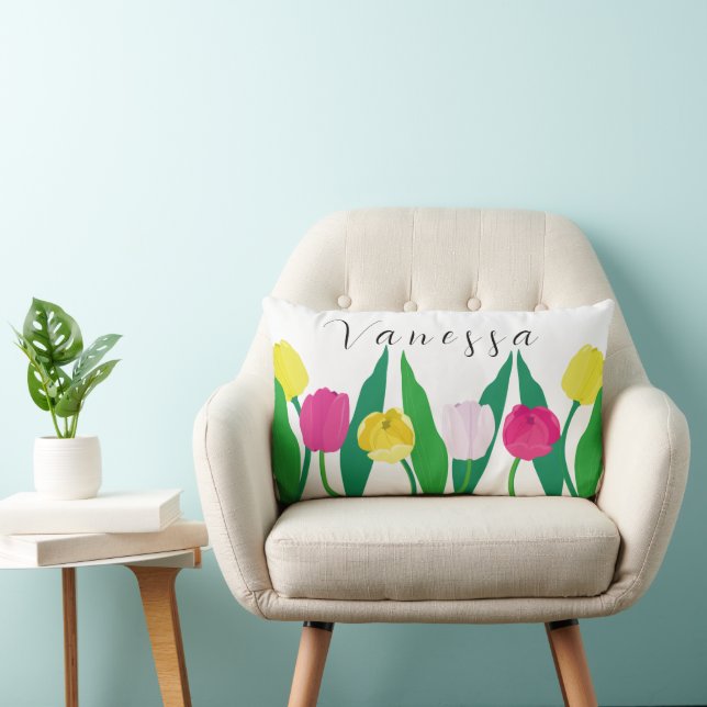 Coussin Rectangle Tulipes Rose Jaune Violet Vert Moderne Personnalis (Chaise)