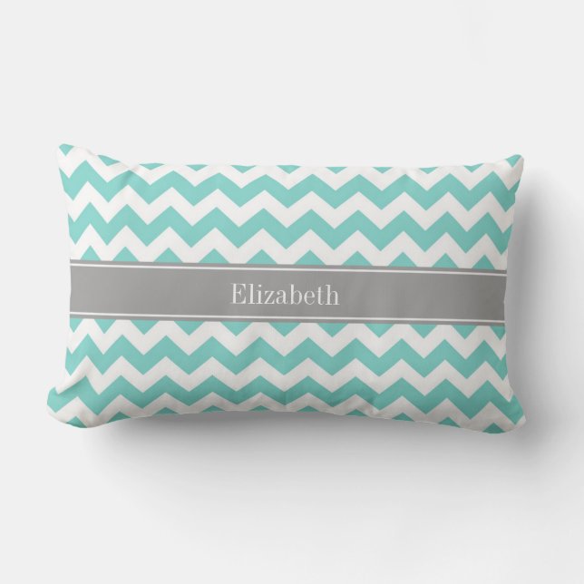 Coussin Rectangle Turq / Aqua Blanc Chevron Gris Monogramme Nom (Recto)