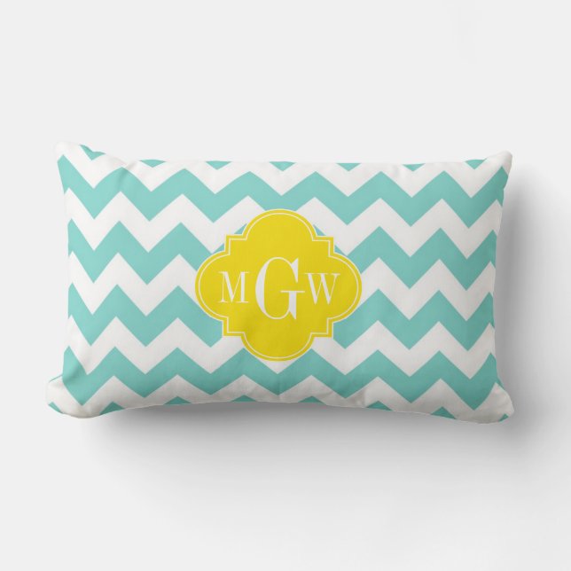 Coussin Rectangle Turq / Aqua Blanc Chevron Jaune 3 Monogramme Initi (Recto)