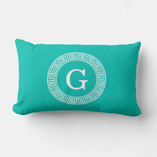 Coussin Rectangle Turquoise Blanc Clé grecque Cadre Ronde Monogramme (Recto)