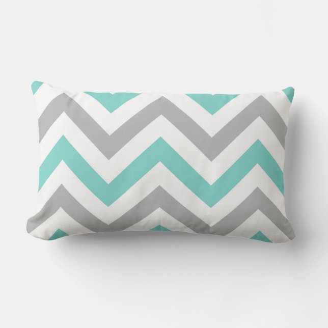 Coussin Rectangle Turquoise, Gris, Blanc Grand motif chevron zigzag (Recto)