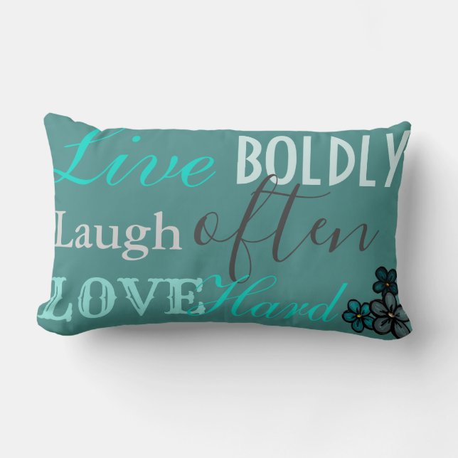 Coussin Rectangle Turquoise, gris foncé et Avocado "Live, Laugh, Lov (Recto)