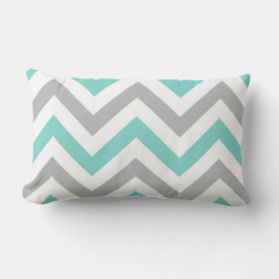 Coussin Rectangle Turquoise, Gris, Whal Grand Motif Chevron ZigZag