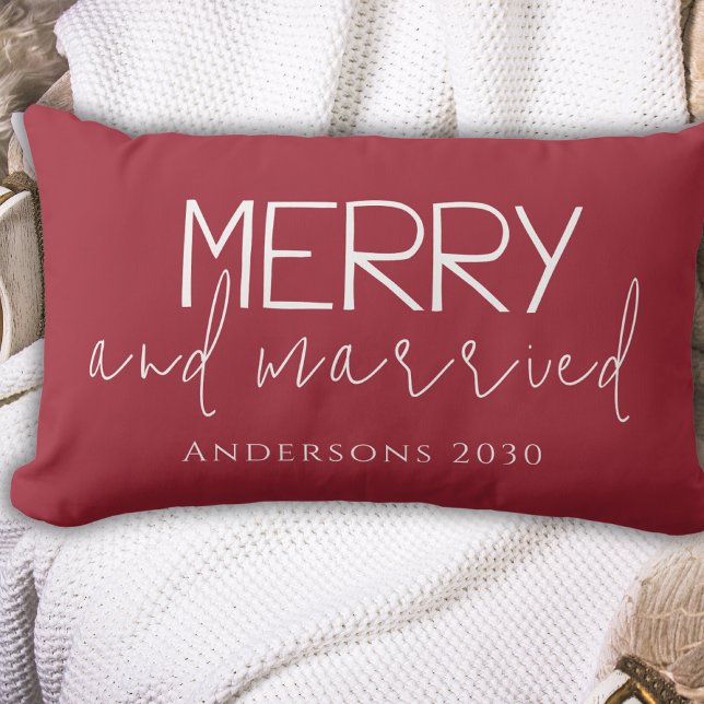 Coussin Rectangle Typhographie Joyeux et Marié Premier Noël Rouge  (Créateur téléchargé)
