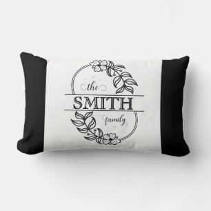 Coussin Rectangle Typographie de famille personnalisée florale noire
