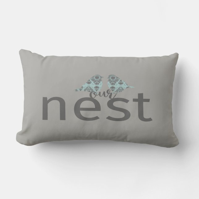 Coussin Rectangle Typographie "Notre nid" Inséparables gris et bleu (Recto)