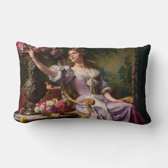 Coussin Rectangle Une Dame En Robe Lilac Avec Fleurs (Recto)