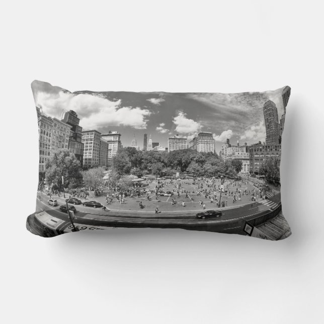 Coussin Rectangle Union Square NYC vue aérienne, N&B, vue fish eye (Recto)