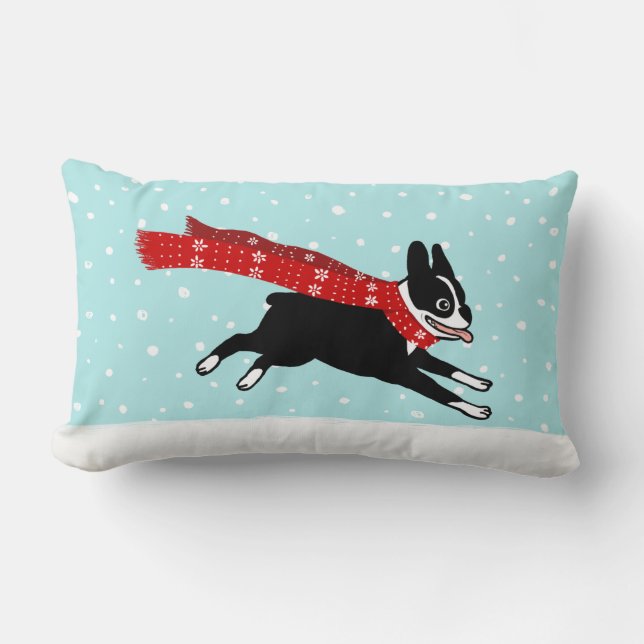Coussin Rectangle Vacances d'hiver Boston Terrier portant un écharpe (Recto)