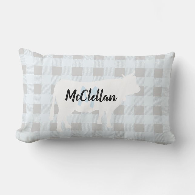 Coussin Rectangle Vache de contrôle de buffle bleu rustique | Monogr (Recto)