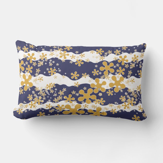 Coussin Rectangle Vagues, bleu marine, jaune moutarde, blanc, fleur (Recto)