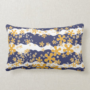 Coussin Rectangle Vagues, bleu marine, jaune moutarde, blanc, fleur