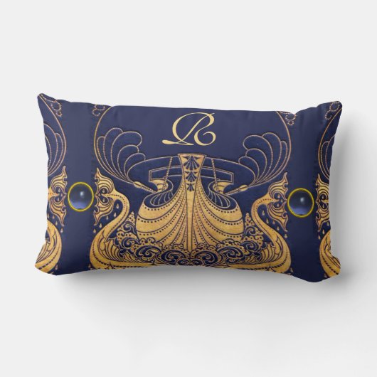 Coussin Rectangle Vaisseau antique, Dauphins, Or, Monogramme bleu ma (Verso)