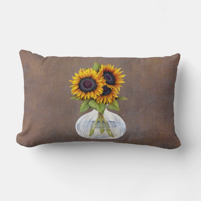 Coussin Rectangle Vase Beaux Tournesols sur Lumbar Rustique Brun (Recto)