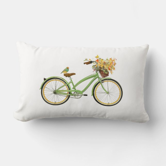 Coussin Rectangle Vélo avec panier d'oiseau et de fleurs Vert Jaune (Recto)