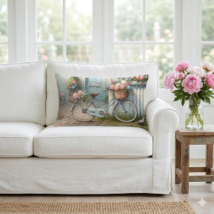 Coussin Rectangle Vélo Cottage Bleu avec panier de fleurs printanièr