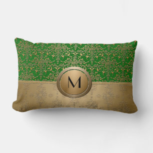 Coussin Rectangle Vert émeraude et or motif damassé à monogramme
