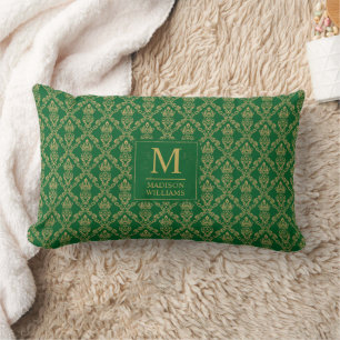 Coussin Rectangle Vert émeraude et or, motif damassé sans couture