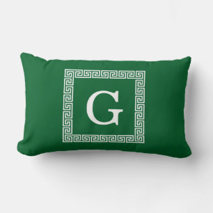 Coussin Rectangle Vert forêt, Clé grecque blanche n° 1 Monogramme en