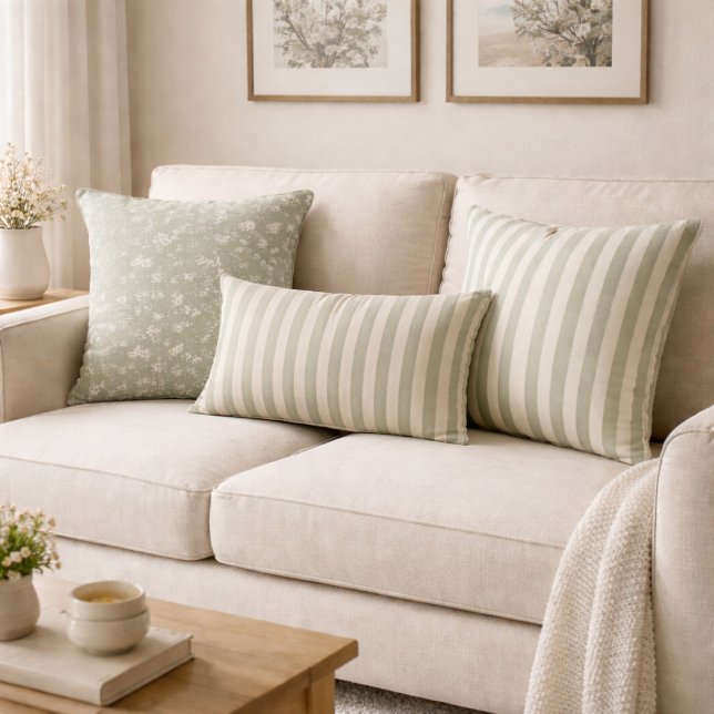 Coussin Rectangle Vert neutre de sauge rustique rayure ferme maison  (Créateur téléchargé)