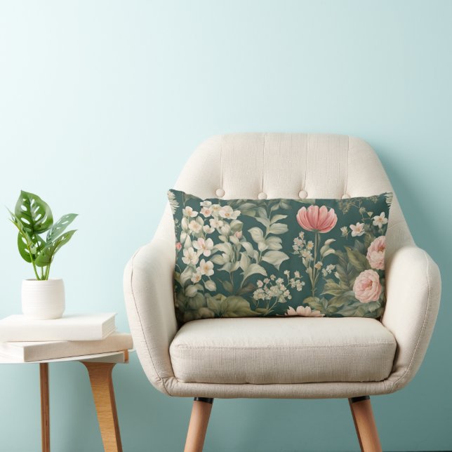 Coussin Rectangle Vert profond avec des fleurs en bois pastel (Chaise)