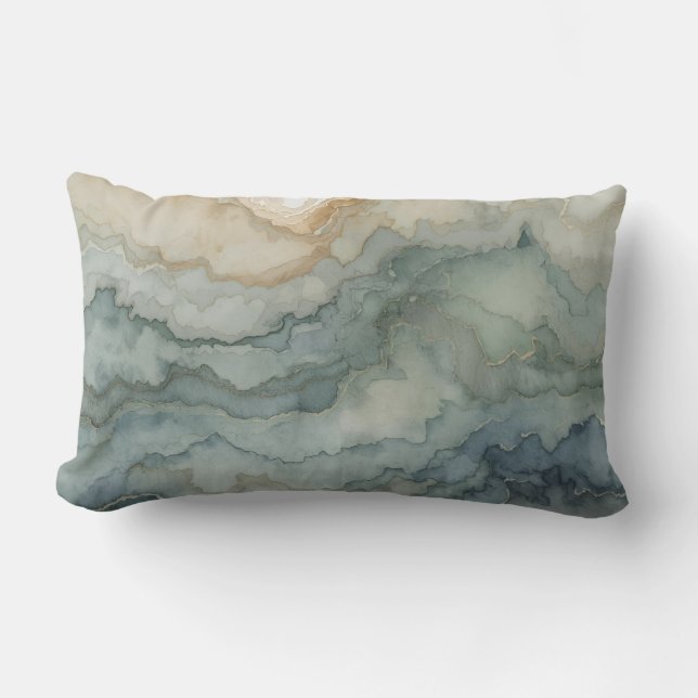 Coussin Rectangle Vert Sauge Bleu Poussiéreux Beige Vagues Abstraite (Recto)