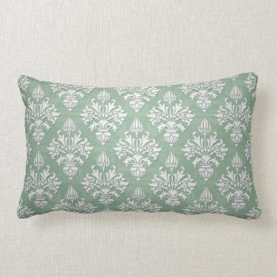 Coussin Rectangle Vert sauge et damas floral blanc