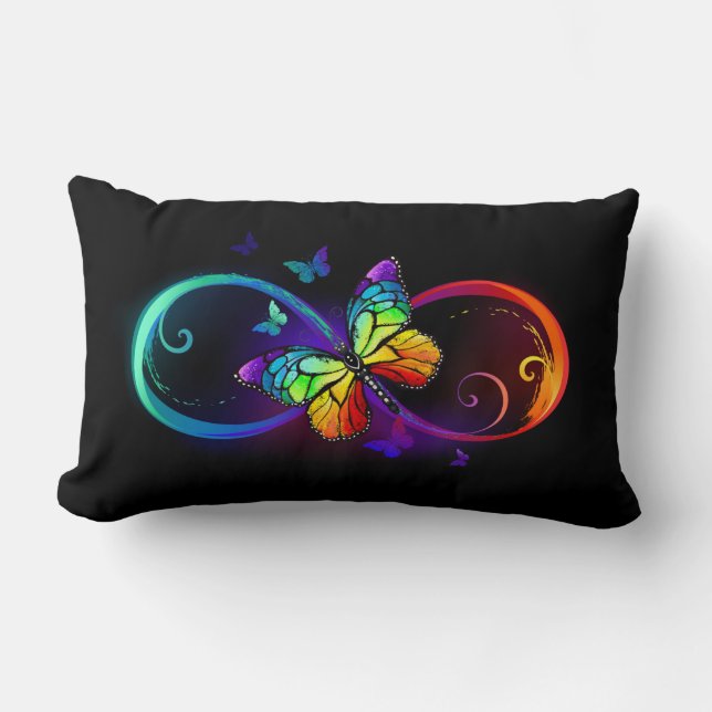 Coussin Rectangle Vibrant infinity with rainbow butterfly on black (Recto)