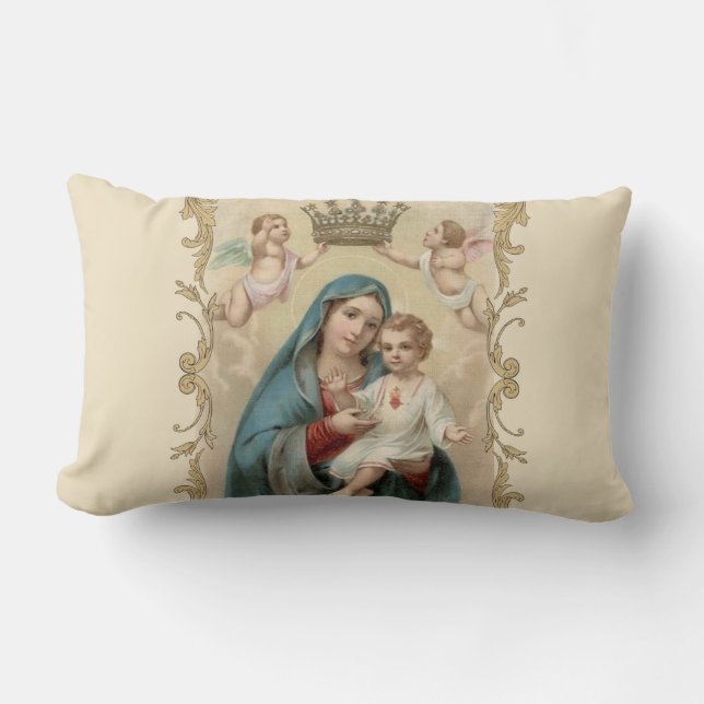 Coussin Rectangle Vierge personnalisée Marie Bébé Jésus Décor Or (Recto)