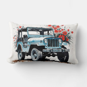 Coussin Rectangle Vieux camion bleu 4x4 tout-terrain avec des fleurs