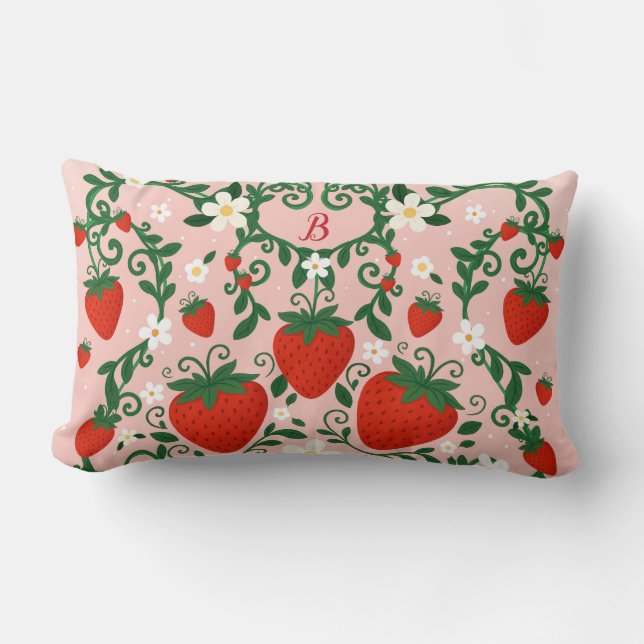 Coussin Rectangle Vignes florales roses et rouges Cute aux fraises (Recto)