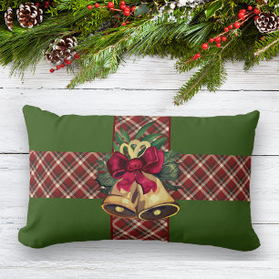 Coussin Rectangle Vintage Christmas Bell Green Plaid Ribbon