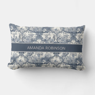 Coussin Rectangle Vintage damas à fleurs Bleu toile de jouy monogram