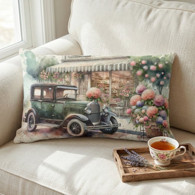 Coussin Rectangle Voiture Rétro & Décor Floral de Boutique (Retro Car & Blooming Boutique Scene Lumbar Pillow Mockup A)