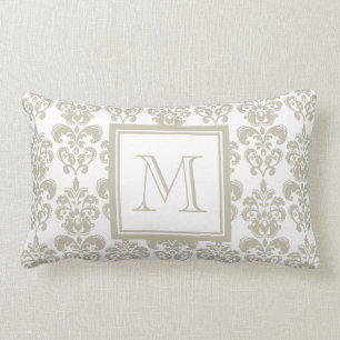 Coussin Rectangle Votre monogramme, motif beige 2 de damassé