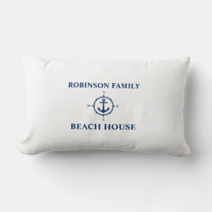 Coussin Rectangle Votre nom Beach House Compass Ancre Blanc