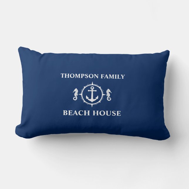 Coussin Rectangle Votre nom Beach House Seahorse Ancre Navy Blue (Recto)