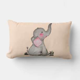 Coussin Rectangle Watercolor Cute Baby Elephant With Blush & Flowers