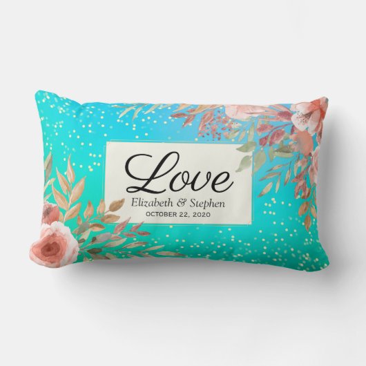 Coussin Rectangle Wedding shower Elégant rose Floral Turquoise Gold  (Recto)