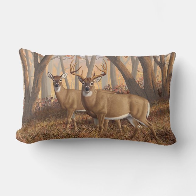 Coussin Rectangle White Deer Buck & Doe Automne Maple Woods (Recto)
