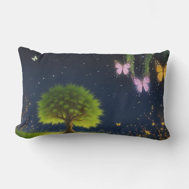 Coussin Rectangle Willow Tree de nuit avec les papillons et les luci (Recto)