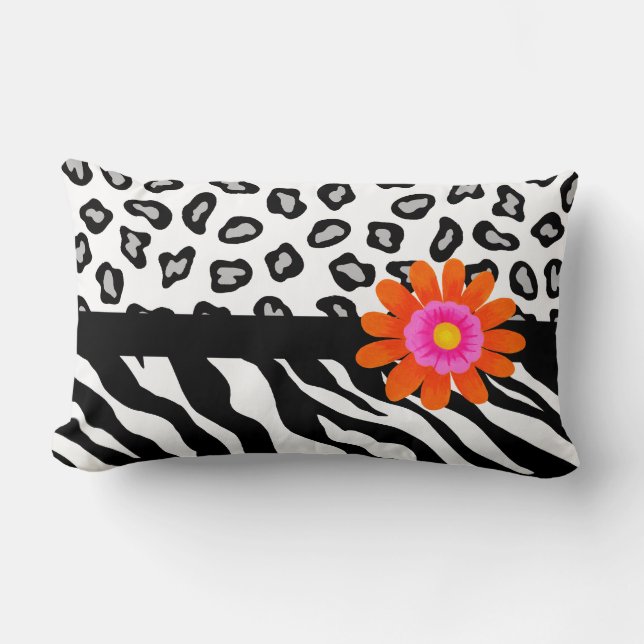 Coussin Rectangle Zèbre noir & blanc & Cheetah Peau & Fleur orange (Recto)